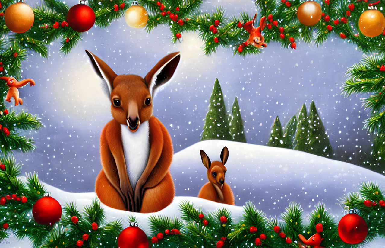 Kangaroos in snowy Christmas scene with pine trees and ornaments