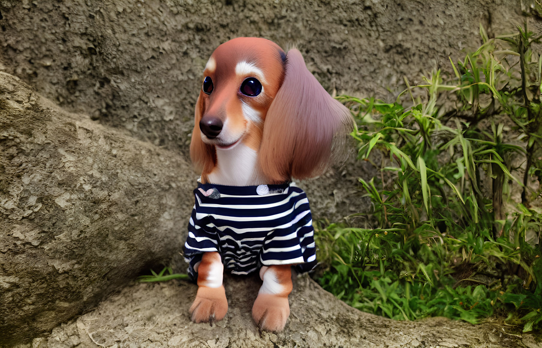 Digitally altered image of dachshund with oversized human head in striped shirt by rock and plants