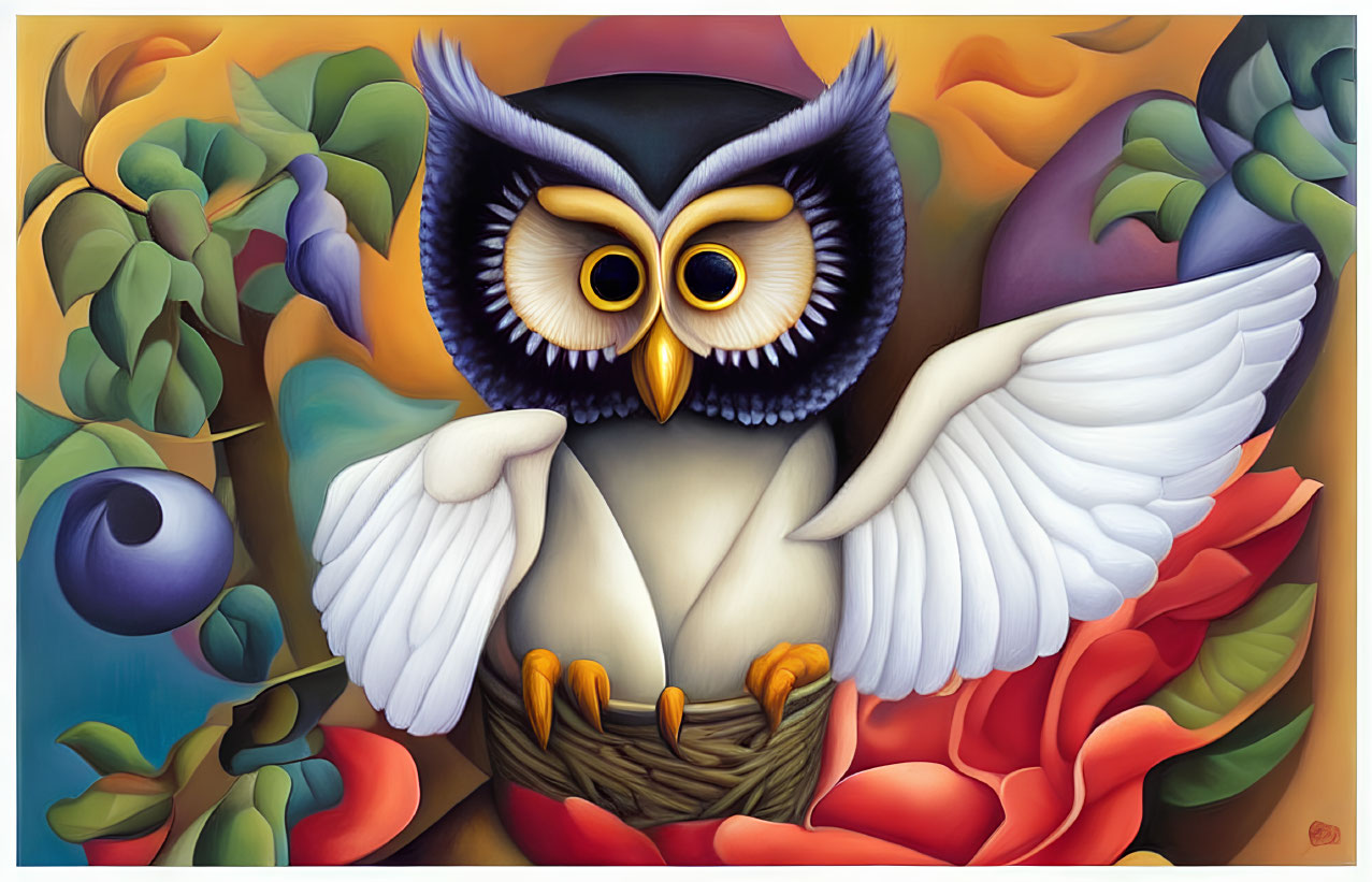Stylized owl painting perched on branch with outstretched wings