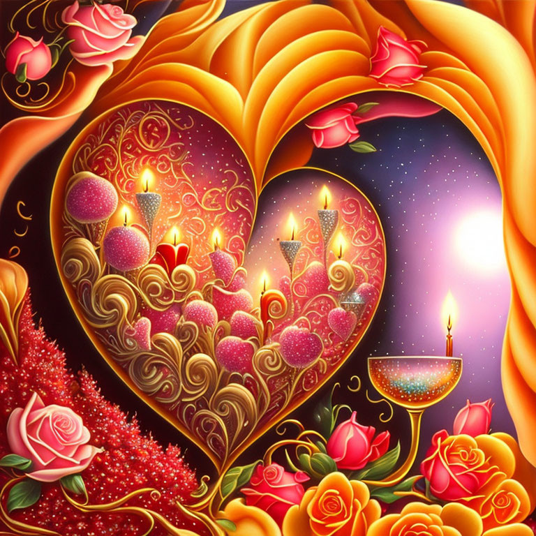 Colorful heart with roses, candles, and swirls on golden backdrop