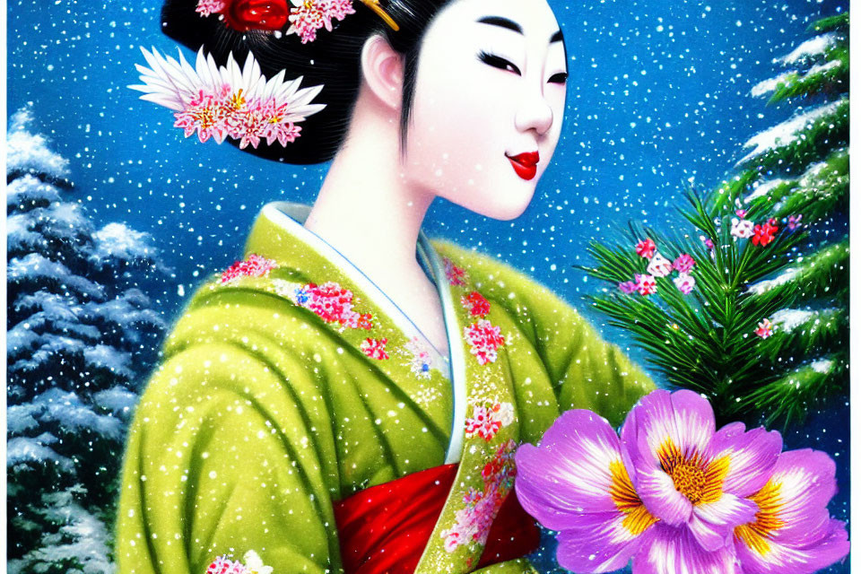 Geisha illustration in green kimono with floral hair accessories and snowflakes.