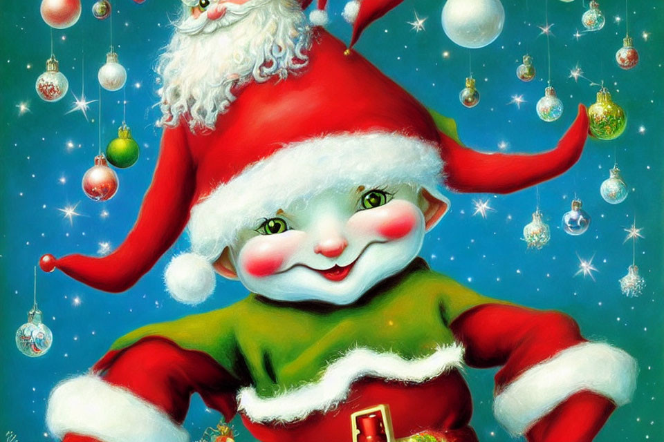 Whimsical Santa Claus with Green Eyes in Festive Setting