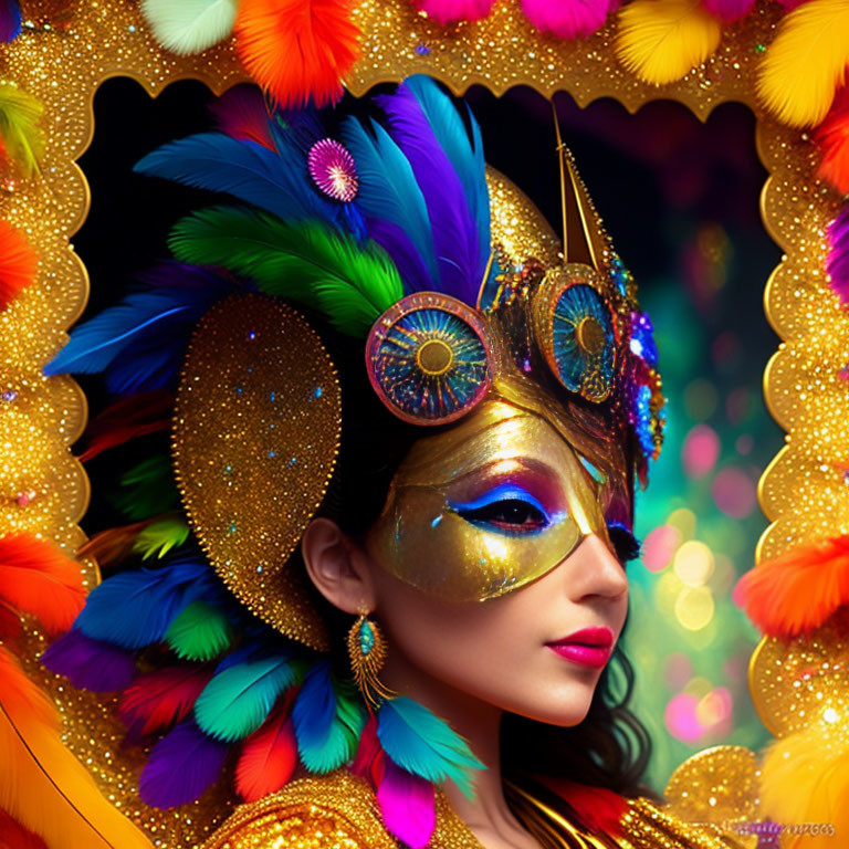 Colorful Peacock Feather Headdress and Golden Masquerade Mask with Bokeh Lights