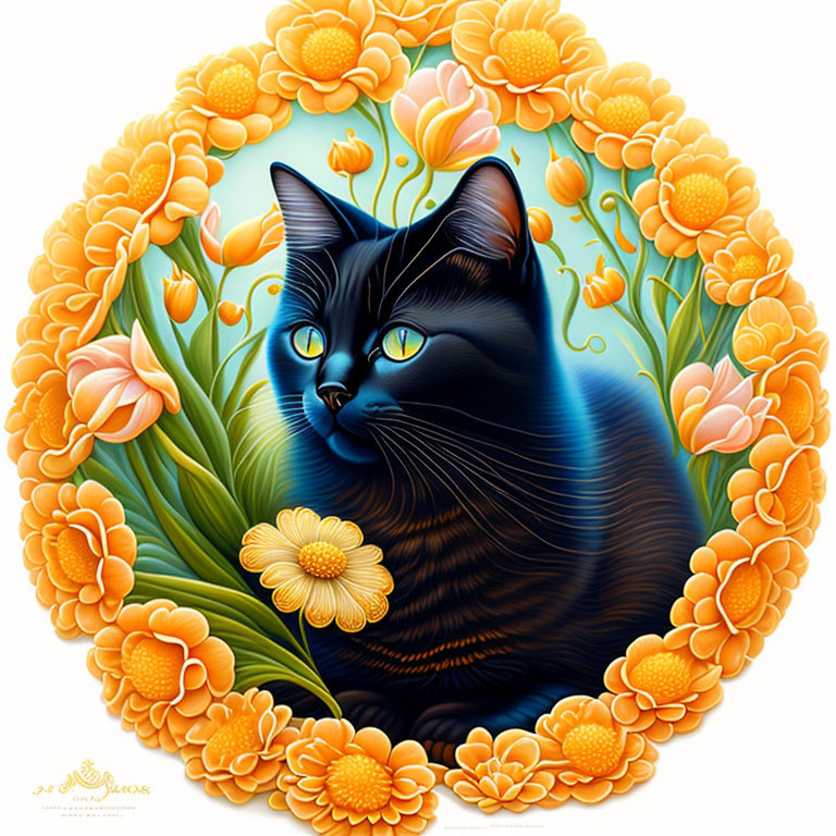 Vivid Black Cat Surrounded by Orange and Yellow Flowers on White Background