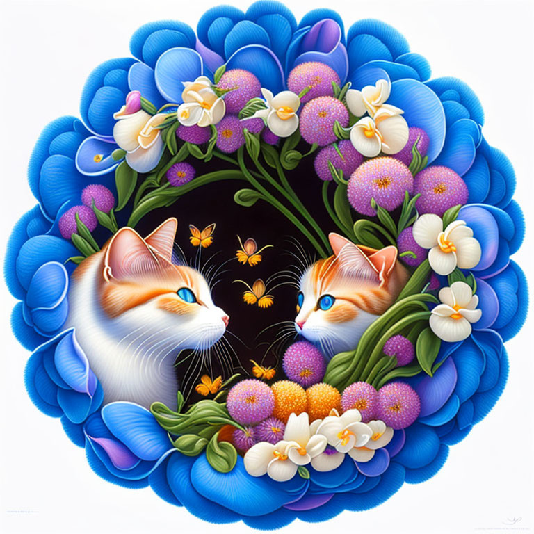Stylized cats with butterflies in floral setting on black background