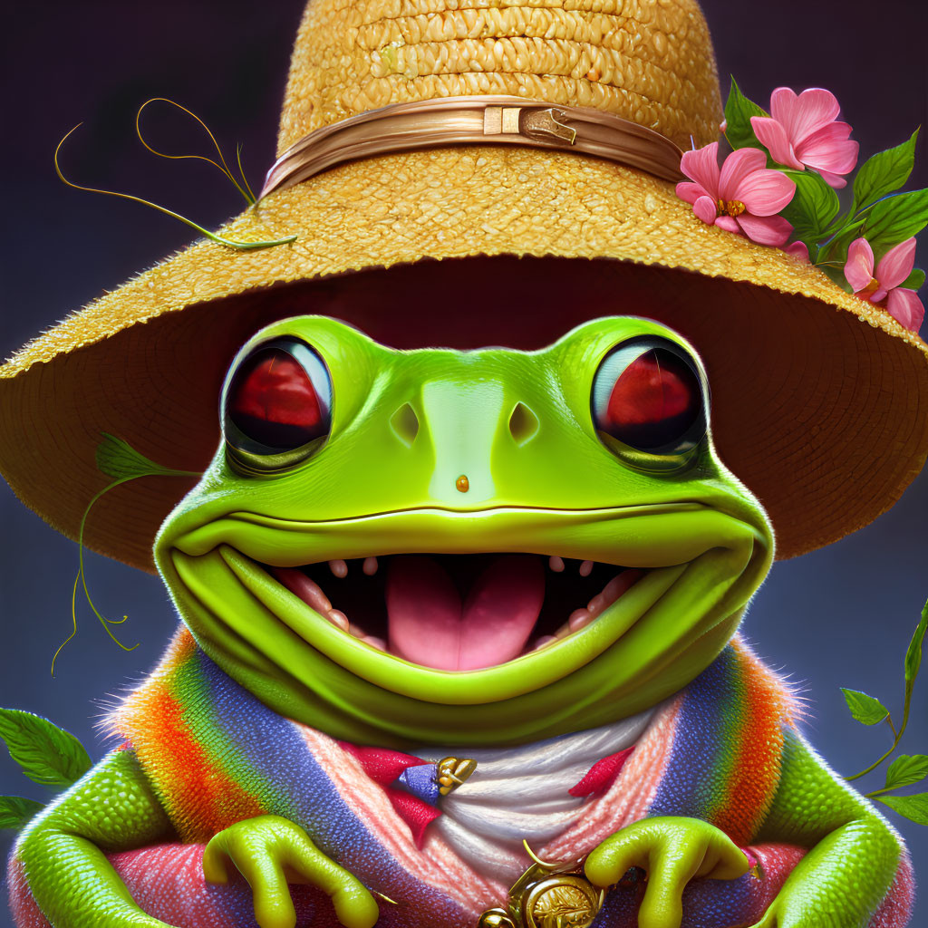 Colorful Cartoon Frog with Straw Hat and Poncho in Gold Medallion