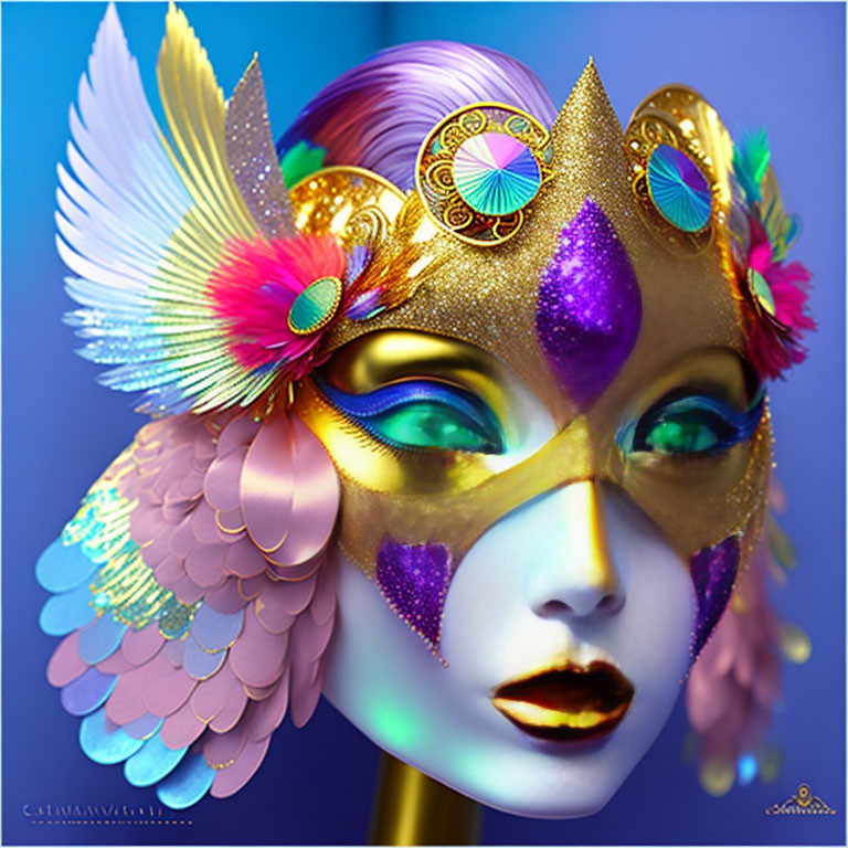 Vibrant female figure in ornate golden masquerade mask