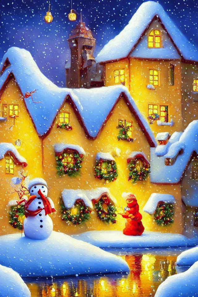 Snow-covered houses, snowman, festive decorations under starry sky