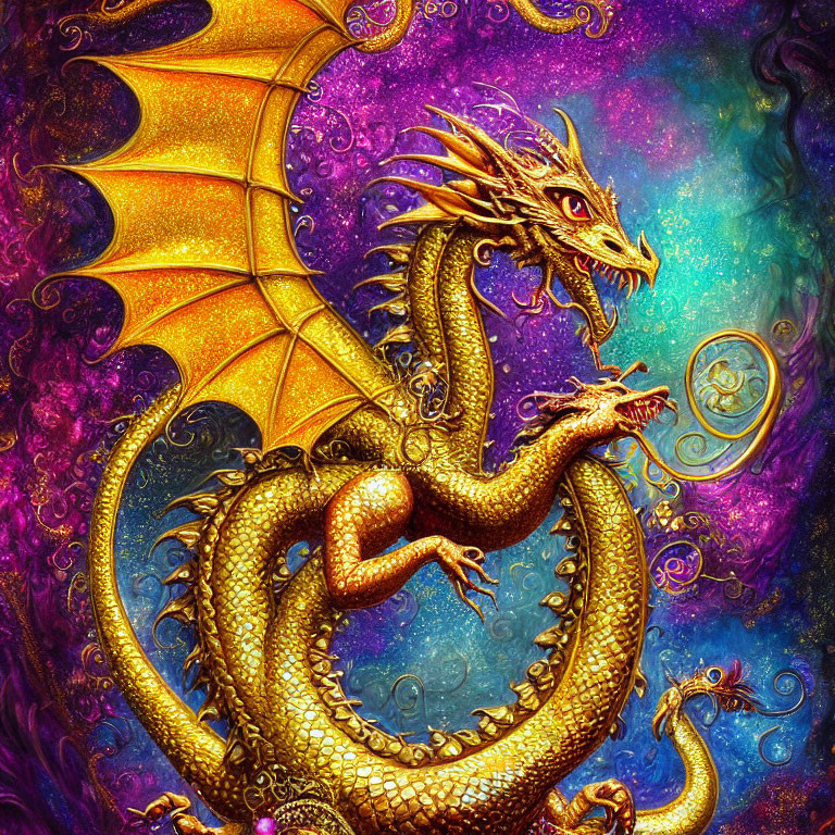 Detailed golden dragon illustration on cosmic background