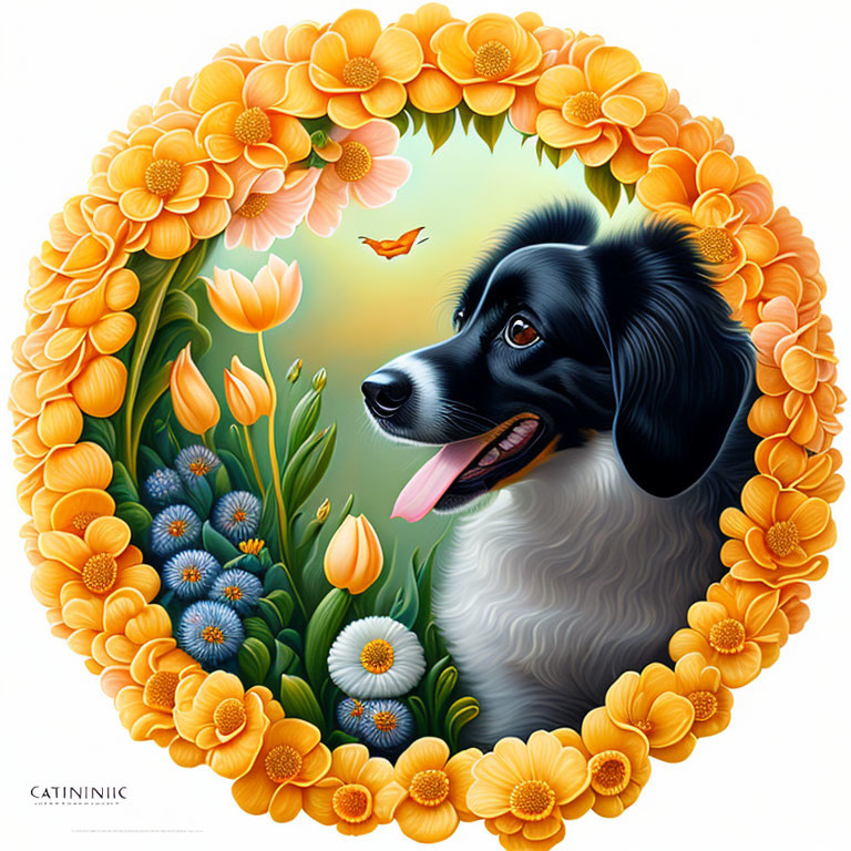 Monochrome Dog Surrounded by Orange Flowers and Blue Flora