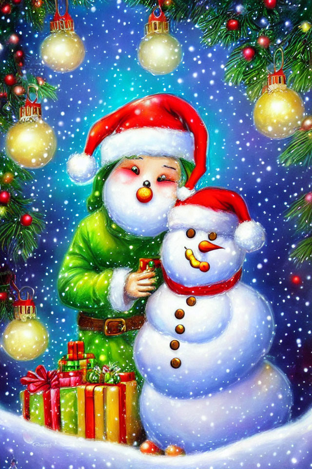 Cheerful snowman and child with Christmas decorations
