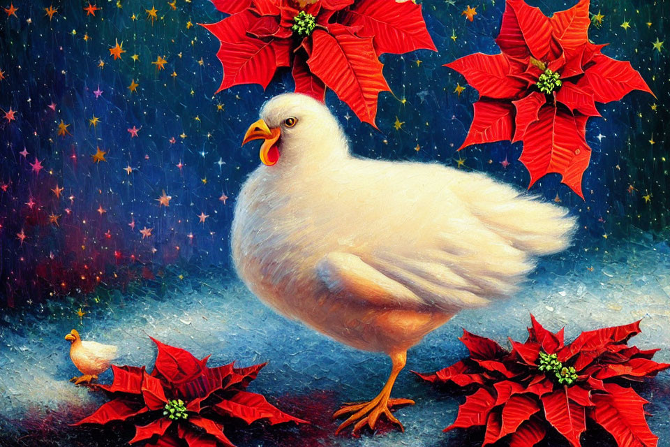 Large White Chicken and Smaller Chick in Poinsettias with Cosmic Background