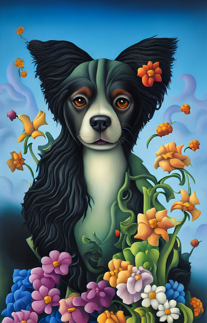 Stylized black and white dog with colorful flowers on blue background