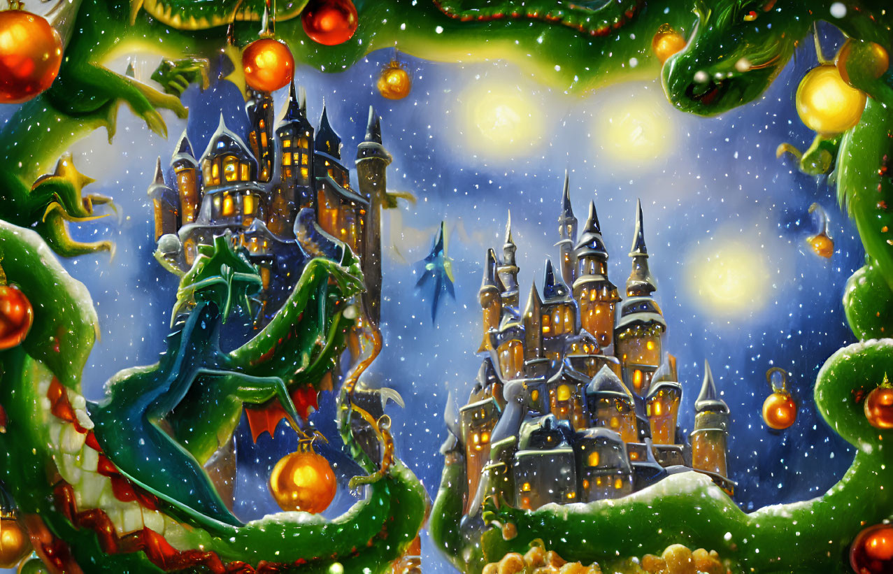 Snowy castle with dragons and Christmas trees under starry sky