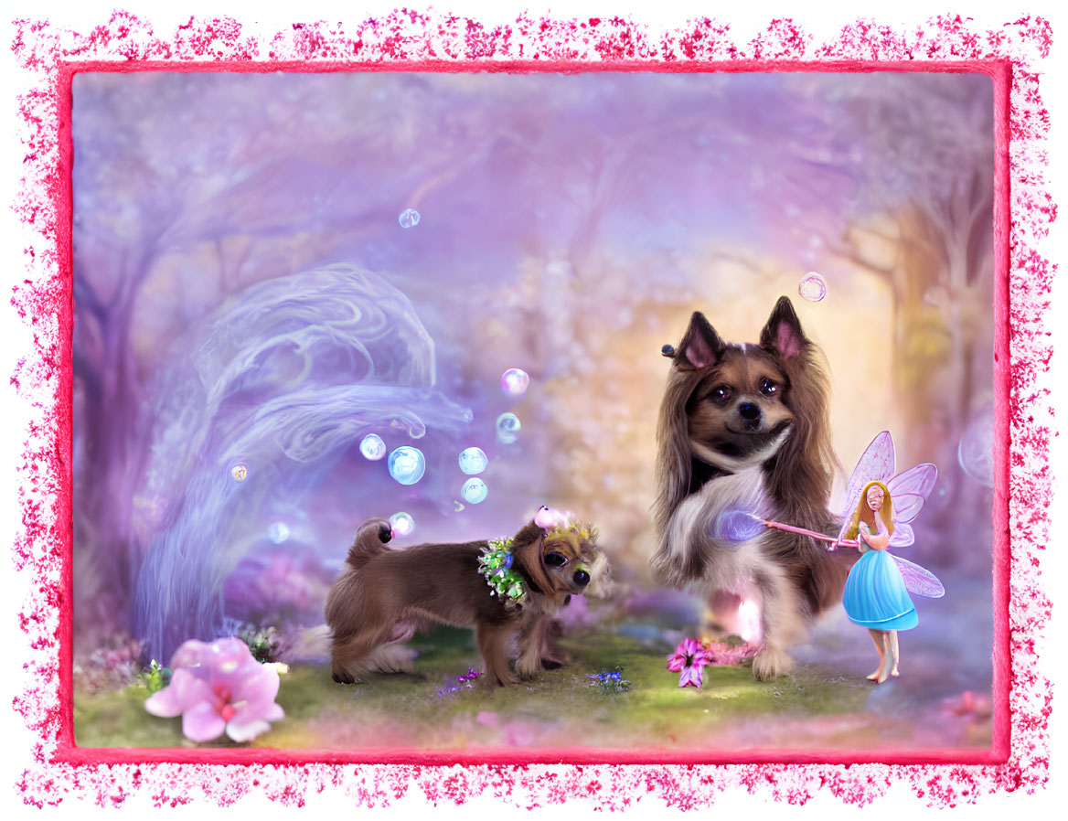 Whimsical illustration of dogs and fairy in magical floral setting