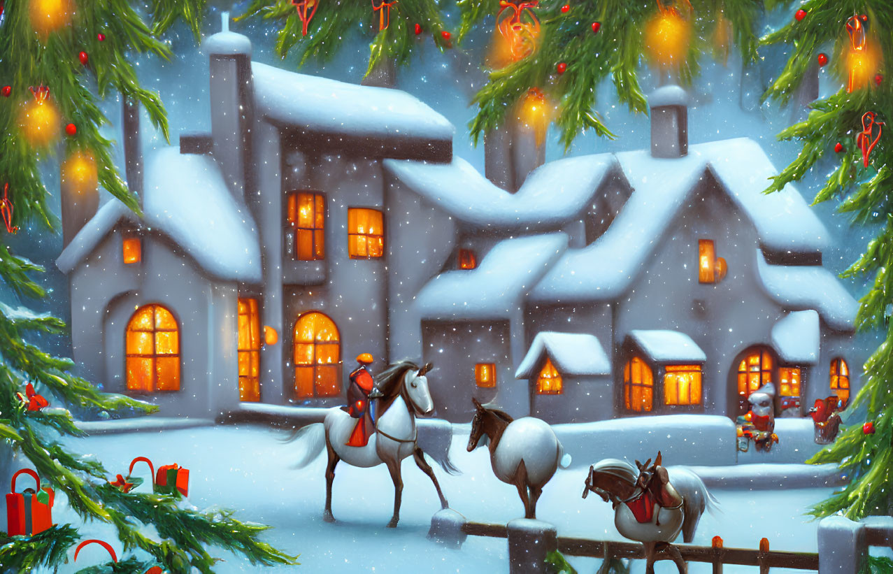 Winter scene: cozy house, snowy landscape, pine trees, horses, festive decorations