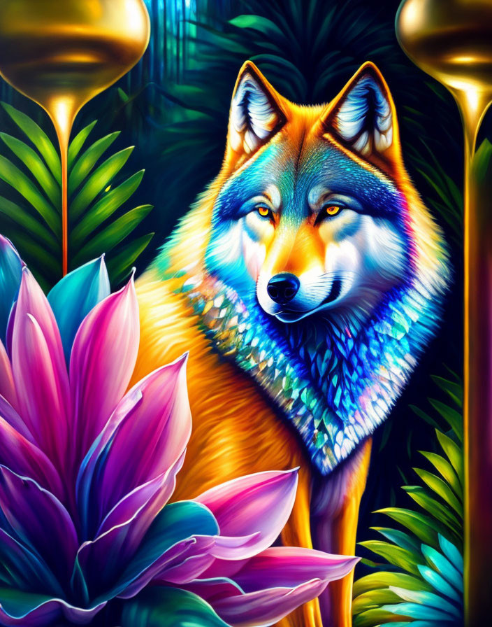 Colorful Wolf Art Among Tropical Foliage and Flowers