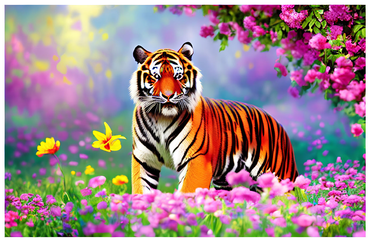 Colorful Tiger in Vibrant Blooming Garden