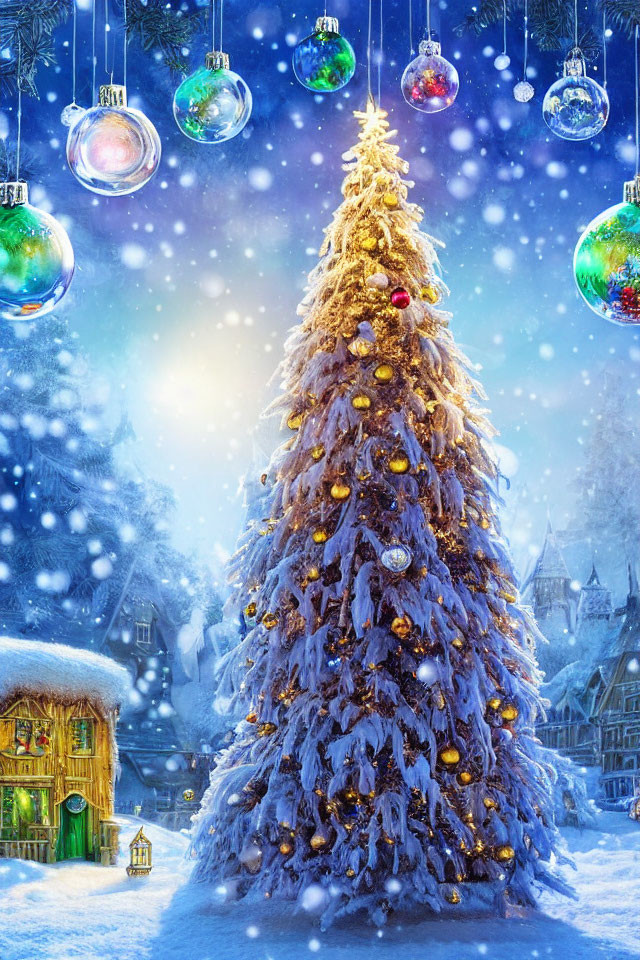 Colorful Ornaments and Golden Lights on Festive Christmas Tree in Snowy Village