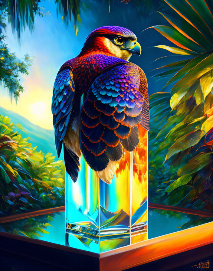 Colorful Hawk on Crystal Pedestal in Tropical Sunset