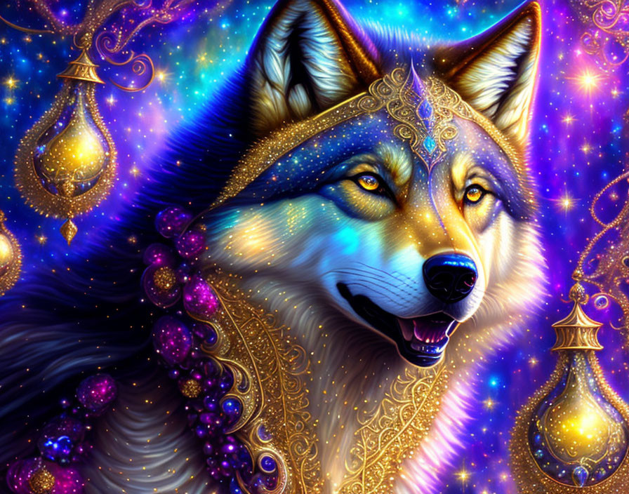 Mystical blue wolf with golden ornaments on cosmic backdrop