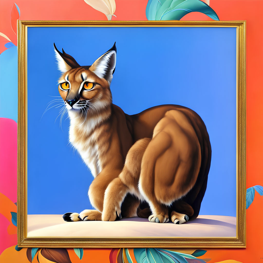 Stylized lynx illustration in golden frame on vibrant abstract background