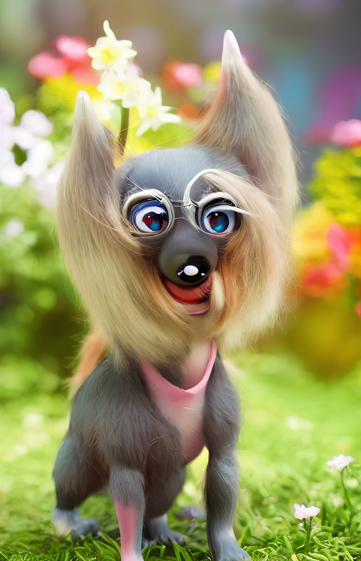 Cartoonish dog digital art with large ears and eyes among colorful flowers