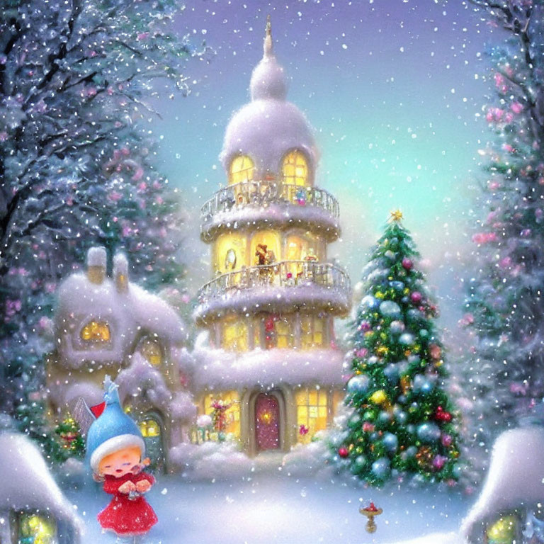Snow-covered multi-tiered building with Christmas tree and child in blue hat