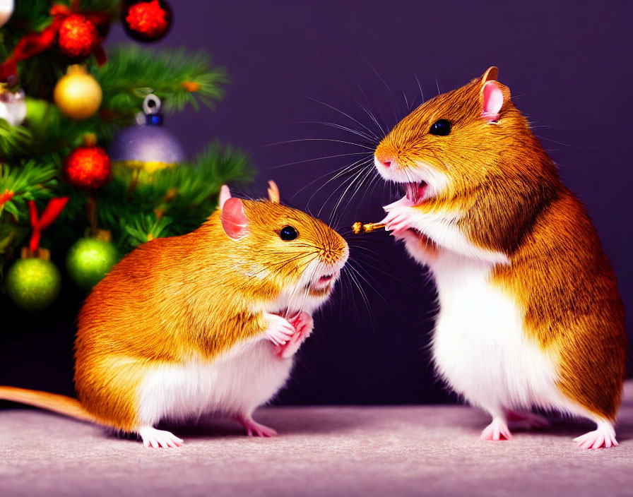 Playful rodents near Christmas tree decorations on purple background