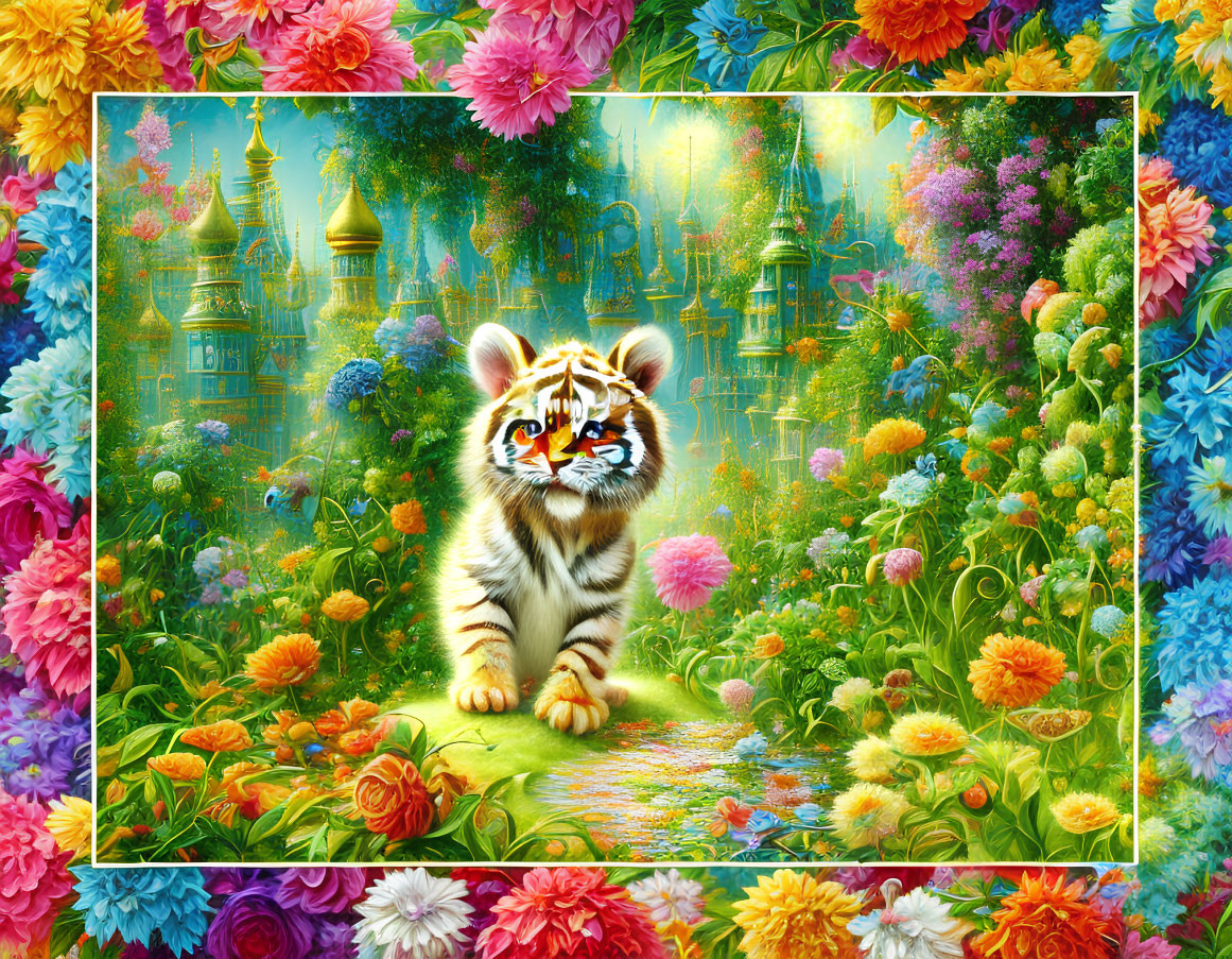 Colorful fantasy artwork: Whimsical tiger cub in vibrant floral landscape