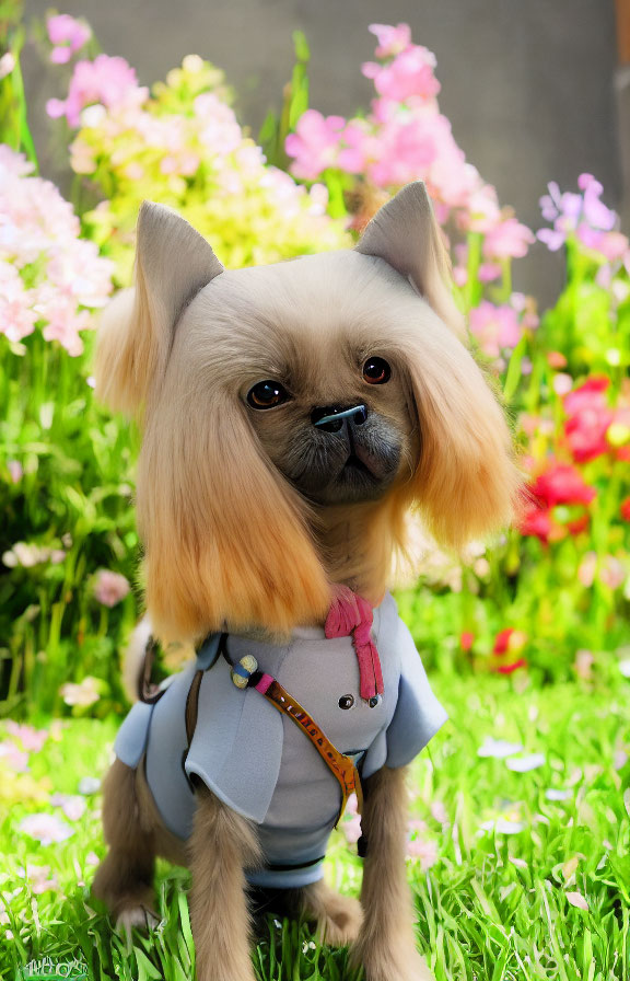 Small tan dog with floppy ears in blue shirt and harness against colorful flower backdrop