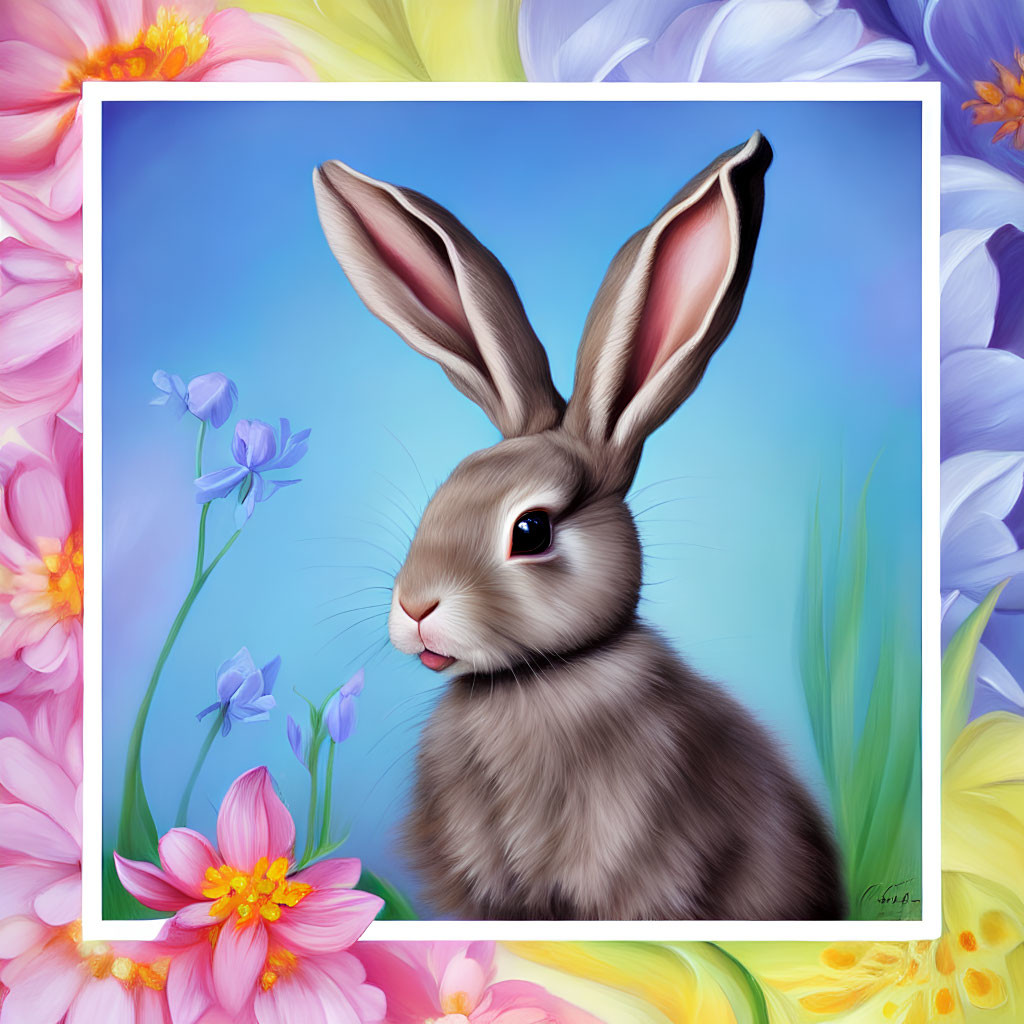 Colorful Flowers Surround Cute Brown Rabbit with Large Ears in Digital Painting