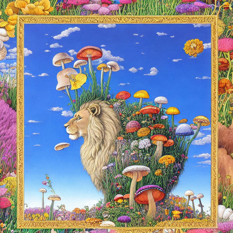Colorful Lion Surrounded by Mushrooms and Flowers in Golden Frame