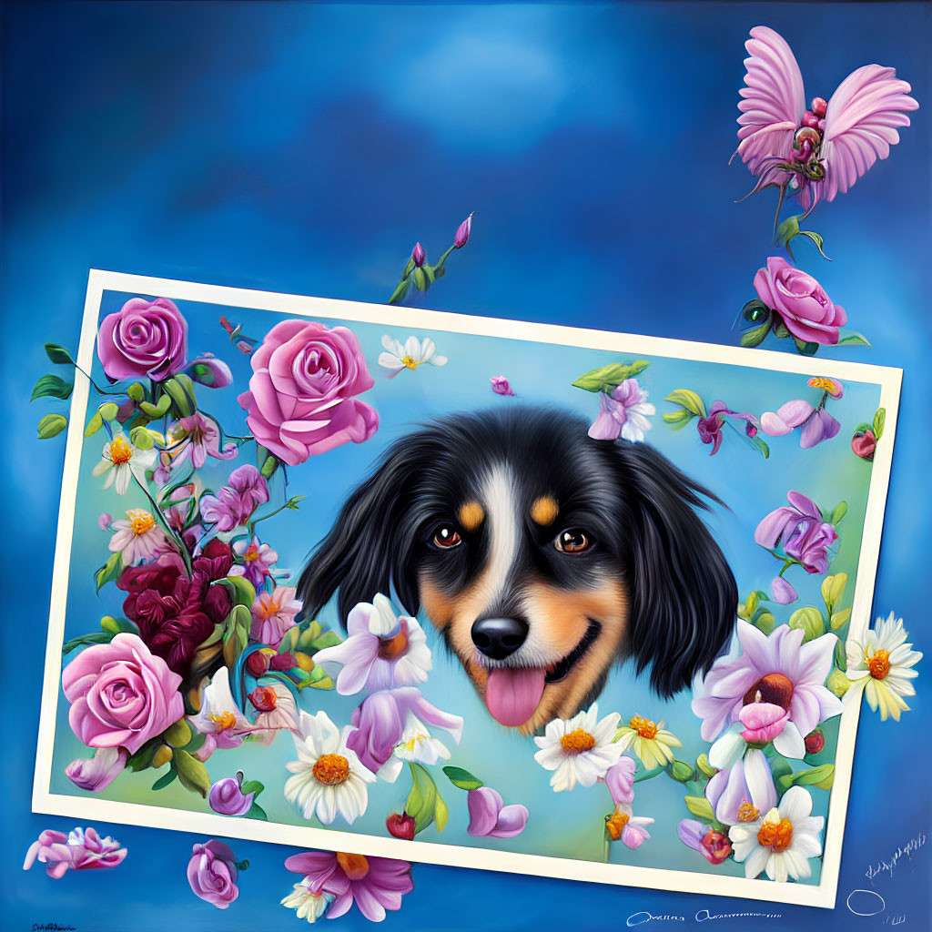 Colorful Dog Head in Floral Background with Roses and Butterflies on Blue
