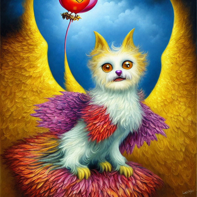 Illustration of furry creature with cat-like features and wings holding balloon fish on vibrant blue and yellow background