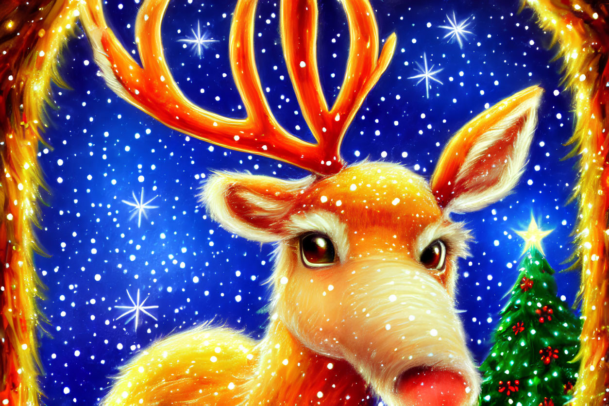 Colorful reindeer with glowing red nose and festive antlers in snowy night scene.