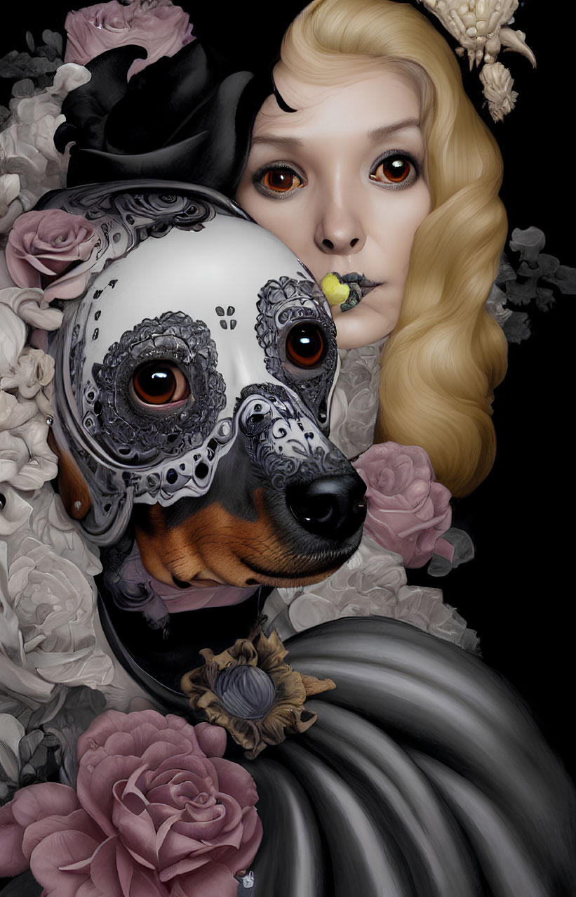 Blonde woman and Dachshund with mask among dark flowers