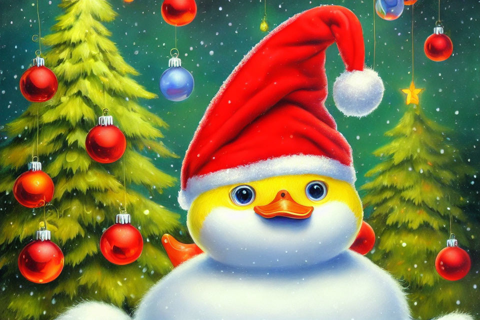 Snowman with Santa hat and duck face in Christmas scene.