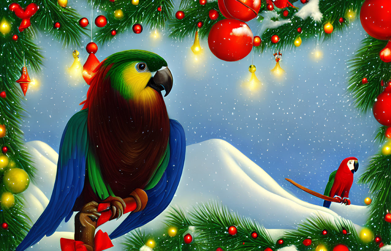 Colorful Christmas parrots illustration with snow-covered hills and trees