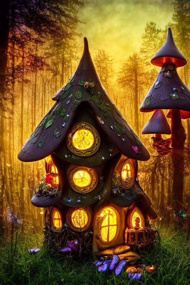 Fantasy Mushroom House in Enchanted Forest at Twilight