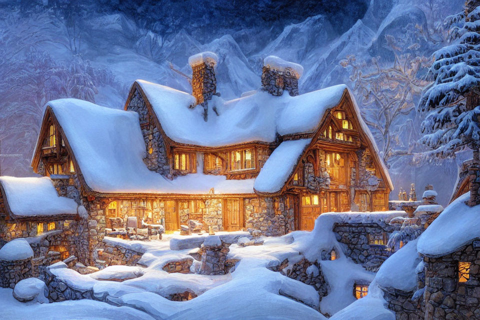 Snow-covered cabin in serene mountain landscape at dusk