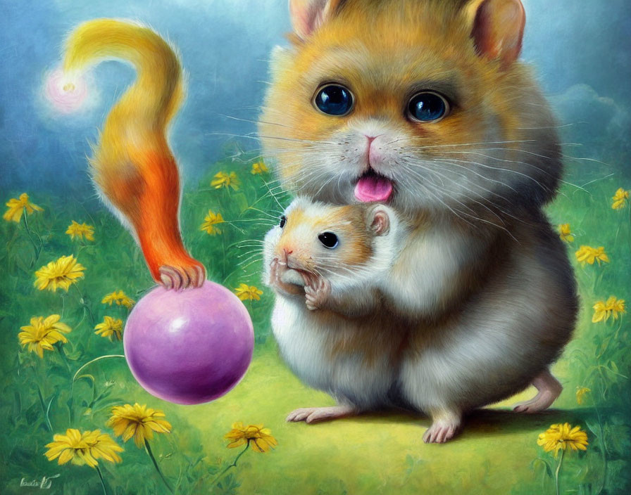 Chubby hamsters in dandelion field with bubble gum bubble