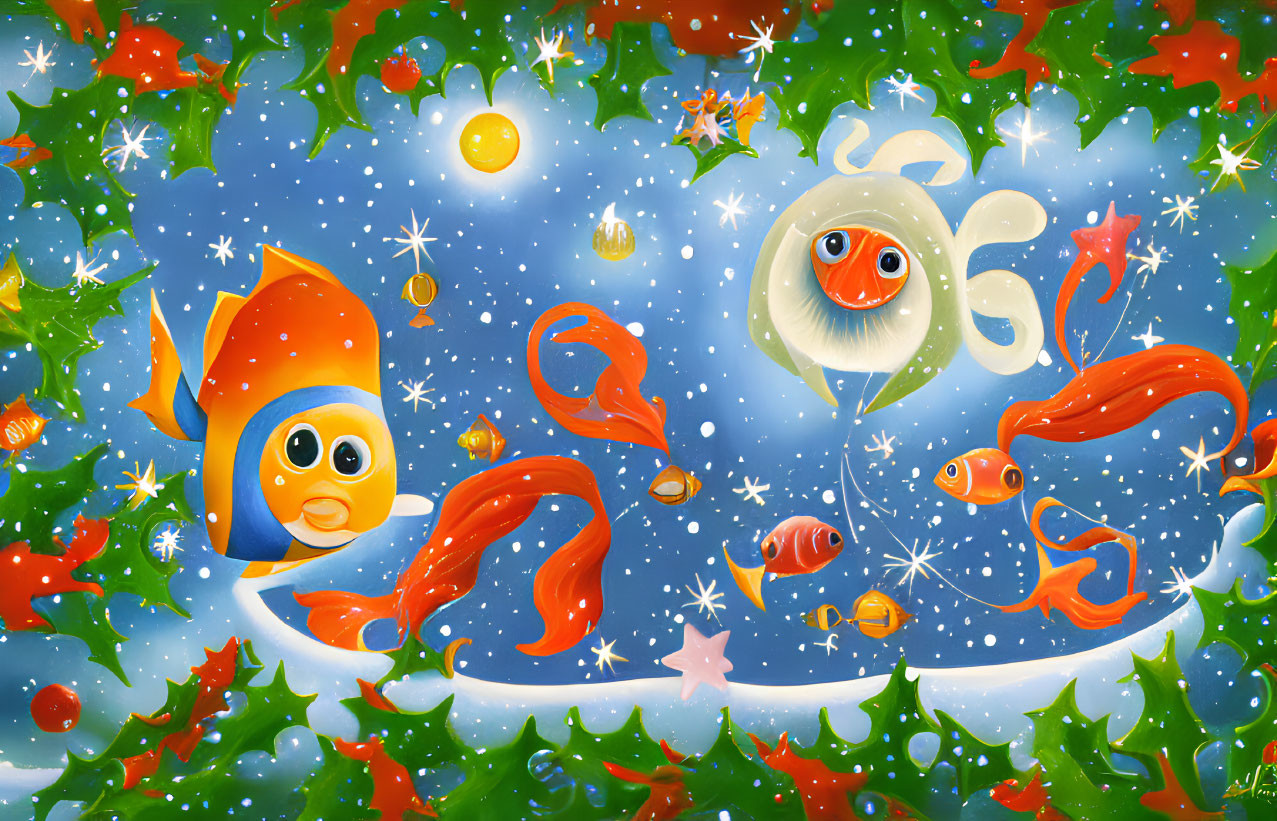 Colorful Underwater Holiday Scene with Cartoon Fish and Festive Decor