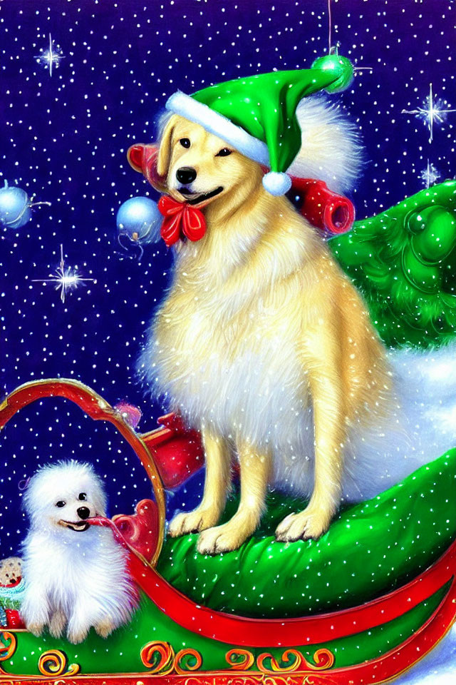 Golden dog in Santa hat and red bow on green sled with small white dog under snowy skies and twink