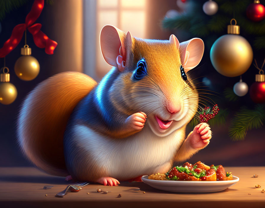 Smiling cartoon hamster with festive branch and Christmas decorations
