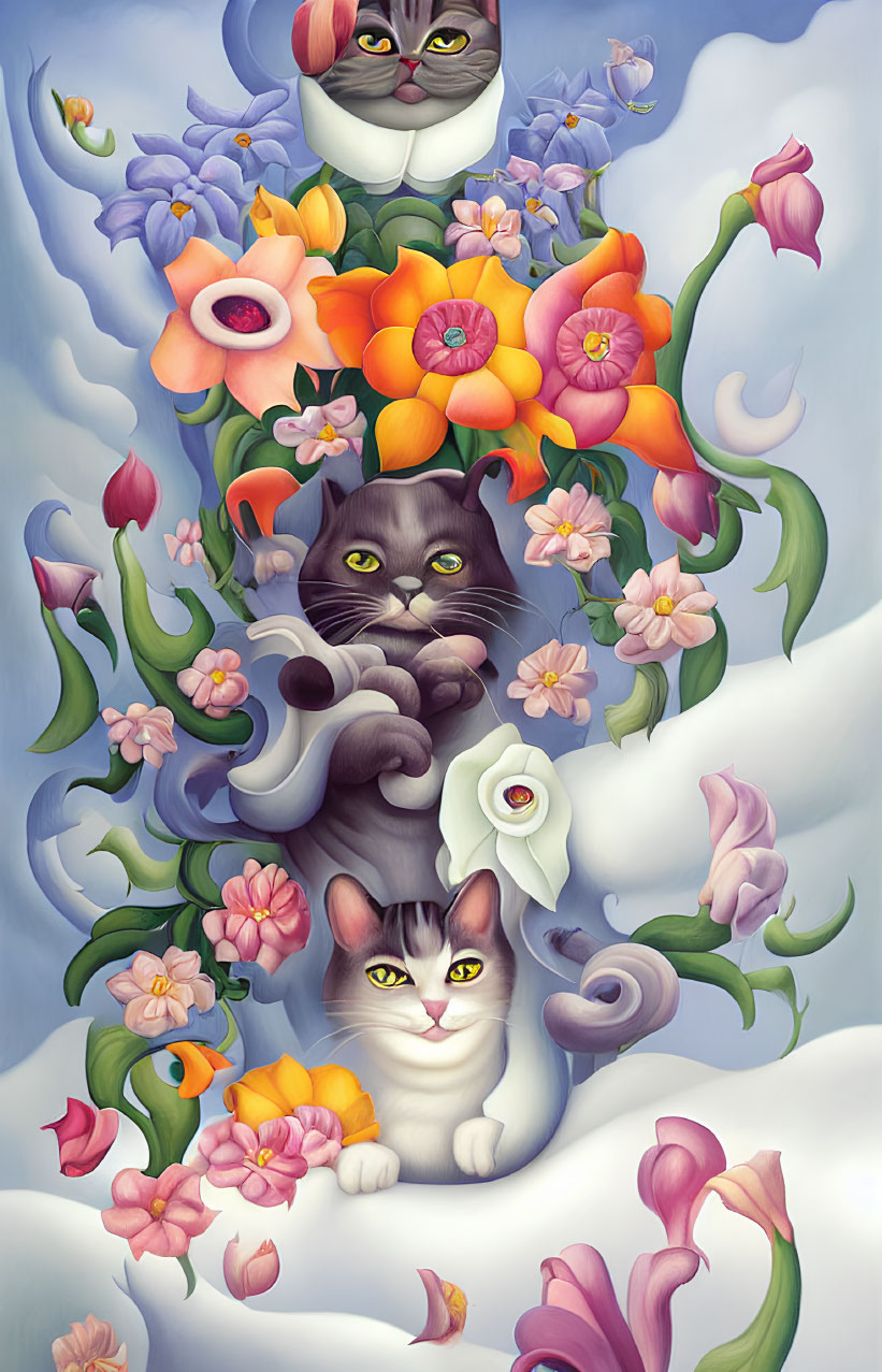 Whimsical vertical cat stack surrounded by vibrant flowers and leaves
