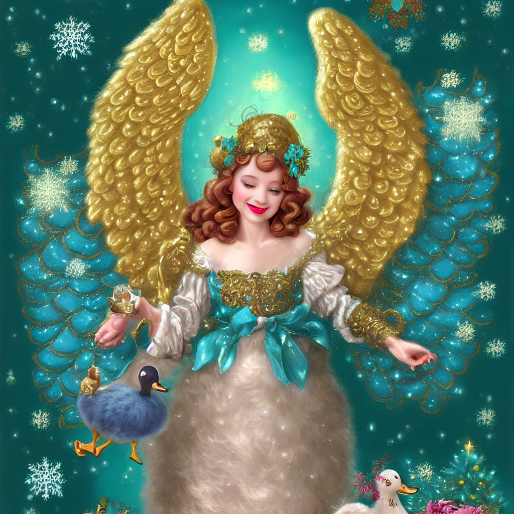 Smiling angel with golden wings holding a bird on teal background