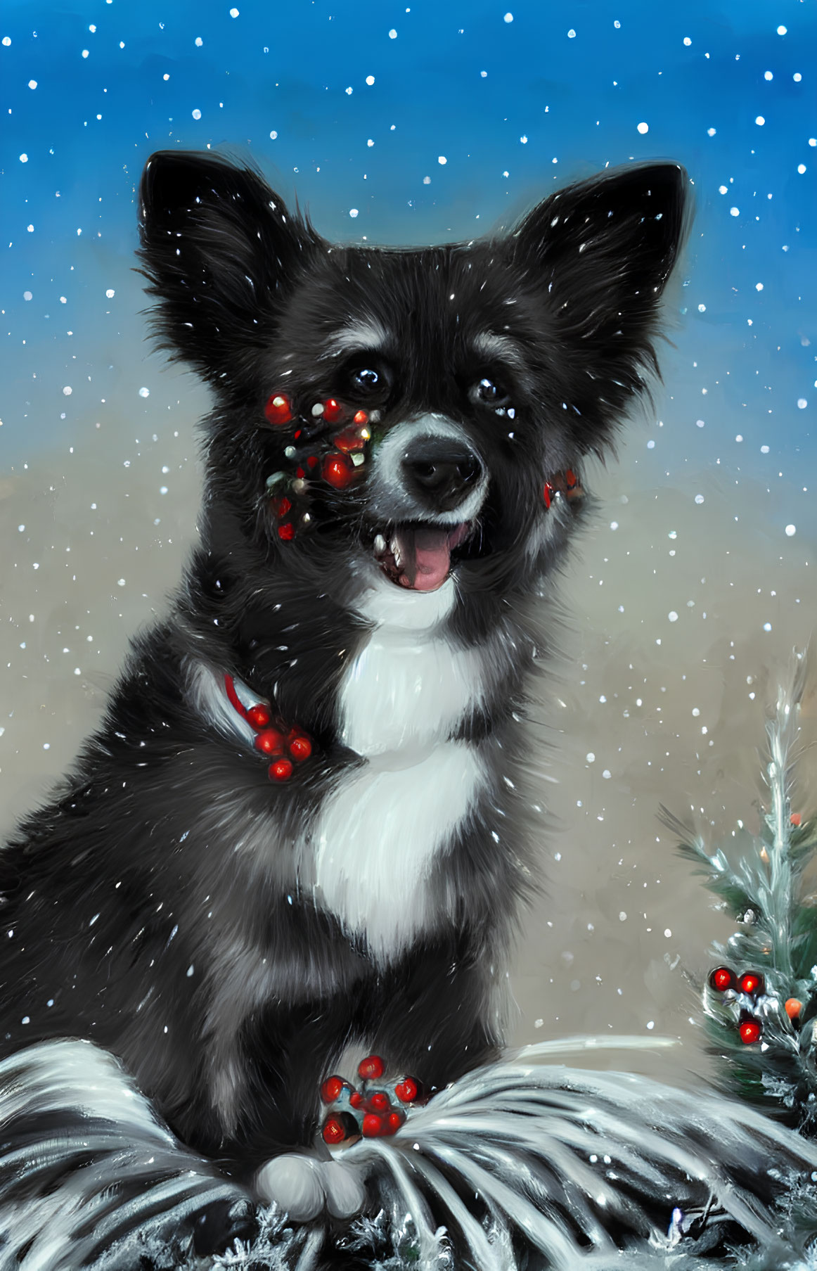 Black and white puppy with holly berries in snowy scene