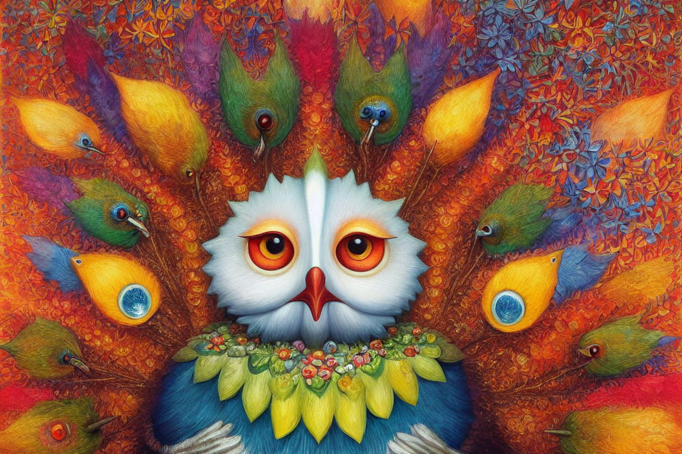 Colorful Illustration of Whimsical Owl with Peacock Feather Patterns