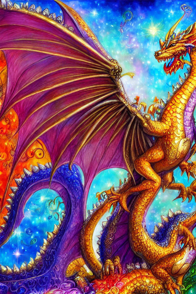 Majestic golden dragon in cosmic star-filled scene